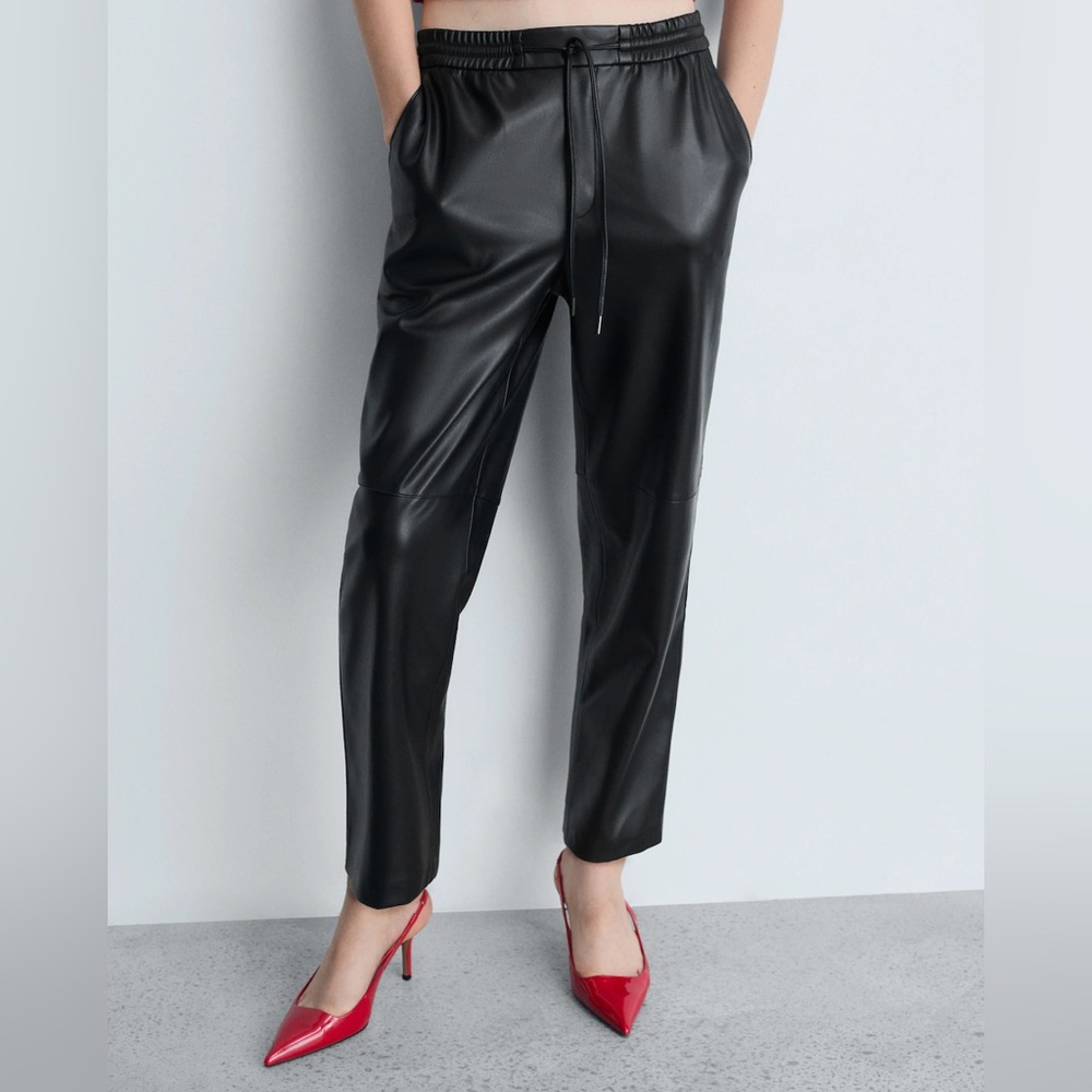 Mango Leather-Effect Elastic Waist Trousers SZ M
